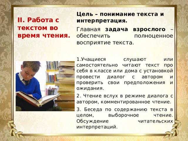 Цель – понимание текста и интерпретация. Главная задача взрослого – обеспечить полноценное восприятие текста. 1.Учащиеся слушают или самостоятельно читают текст про себя в классе или дома с установкой провести диалог с автором и проверить свои предположения и ожидания. 2. Чтение вслух в режиме диалога с автором, комментированное чтение. 3. Беседа по содержанию текста в целом, выборочное чтение. Обсуждение читательских интерпретаций.  II. Работа с текстом во время чтения.   