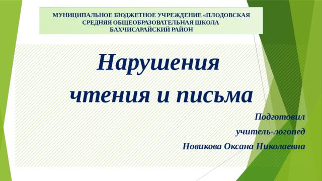 МУНИЦИПАЛЬНОЕ БЮДЖЕТНОЕ УЧРЕЖДЕНИЕ «ПЛОДОВСКАЯ СРЕДНЯЯ ОБЩЕОБРАЗОВАТЕЛЬНАЯ ШКОЛА  БАХЧИСАРАЙСКИЙ РАЙОН Нарушения чтения и письма Подготовил  учитель-логопед  Новикова Оксана Николаевна 