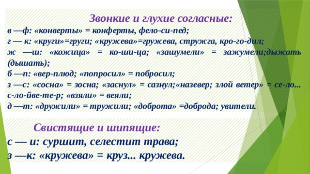  Звонкие и глухие согласные: в —ф: «конверты» = конферты, фело-си-пед; г — к: «круги»=груги; «кружева»=гружева, стружга, кро-го-дил; ж —ш: «кожица» = ко-ши-ца; «зашумели» = зажумели;дыжать (дышать); б —п: «вер-плюд; «попросил» = побросил; з —с: «сосна» = зосна; «заснул» = сазнул;«назевер; злой ветер» = се-ло... с-ло-йве-те-р; «взяли» = веяли; д —т: «дружили» = тружили; «доброта» =доброда; увители.  Свистящие и шипящие: с — и: суршит, селестит трава; з —к: «кружева» = круз... кружева. 