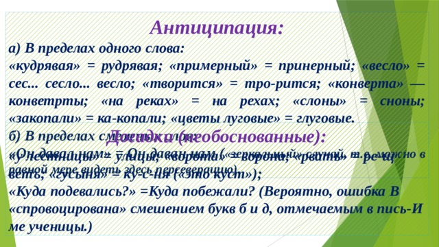 Антиципация: а) В пределах одного слова: «кудрявая» = рудрявая; «примерный» = принерный; «весло» = сес... сесло... весло; «творится» = тро-рится; «конверта» — конветрты; «на реках» = на рехах; «слоны» = сноны; «закопали» = ка-копали; «цветы луговые» = глуговые. б) В пределах смежных слов: «Он давал нам» = Он даван нам ( «зеркальный» случай, т.е. можно в равной мере видеть здесь персеверацию). Догадки (необоснованные): «у лестницы» = улицы; «ворота» = ворона; «рвать» = ре-щ ветъ; «гусыня» = ку-с-ня («это куст»); «Куда подевались?» =Куда побежали? (Вероятно, ошибка В «спровоцирована» смешением букв б и д, отмечаемым в пись-И ме ученицы.) 