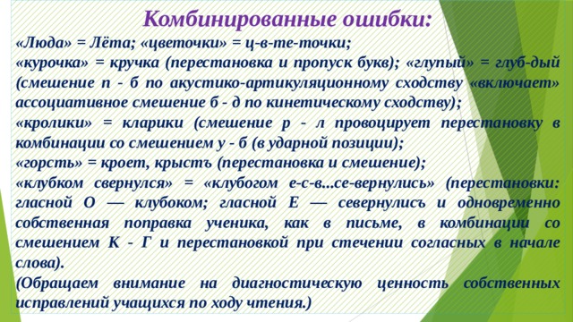Комбинированные ошибки: «Люда» = Лёта; «цветочки» = ц-в-те-точки; «курочка» = кручка (перестановка и пропуск букв); «глупый» = глуб-дый (смешение п - б по акустико-артикуляционному сходству «включает» ассоциативное смешение б - д по кинетическому сходству); «кролики» = кларики (смешение р - л провоцирует перестановку в комбинации со смешением у - б (в ударной позиции); «горсть» = кроет, крыстъ (перестановка и смешение); «клубком свернулся» = «клубогом e-c-в...се-вернулись» (перестановки: гласной О — клубоком; гласной Е — севернулисъ и одновременно собственная поправка ученика, как в письме, в комбинации со смешением К - Г и перестановкой при стечении согласных в начале слова). (Обращаем внимание на диагностическую ценность собственных исправлений учащихся по ходу чтения.) 