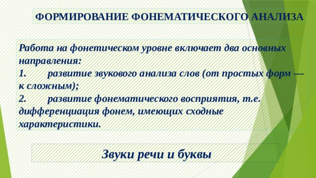 ФОРМИРОВАНИЕ ФОНЕМАТИЧЕСКОГО АНАЛИЗА Работа на фонетическом уровне включает два основных направления: 1. развитие звукового анализа слов (от простых форм — к сложным); 2. развитие фонематического восприятия, т.е. дифференциация фонем, имеющих сходные характеристики.  Звуки речи и буквы 