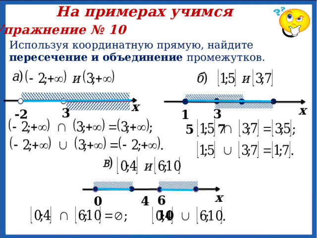 На примерах учимся Упражнение № 9 Укажите наименьшее и наибольшее целое число, принадлежащее промежутку. Проверим ответы: х 7 х -43 х 24 32 -2,3 0 х х 