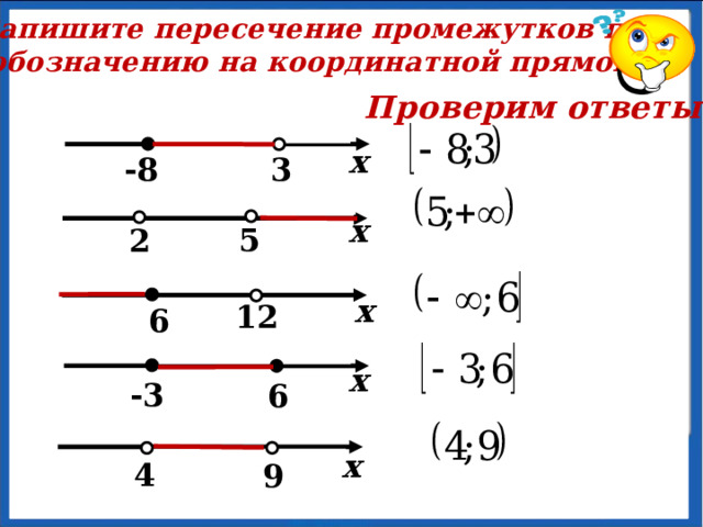 На примерах учимся Упражнение № 10 Используя координатную прямую, найдите пересечение и объединение промежутков. х х 3 3 7 -2 1 5 х 6 10 0 4 