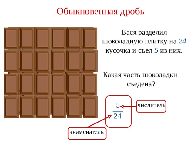 Обыкновенная дробь Вася разделил шоколадную плитку на 24 кусочка и съел 5 из них. Какая часть шоколадки  съедена? 5 числитель 24 знаменатель 