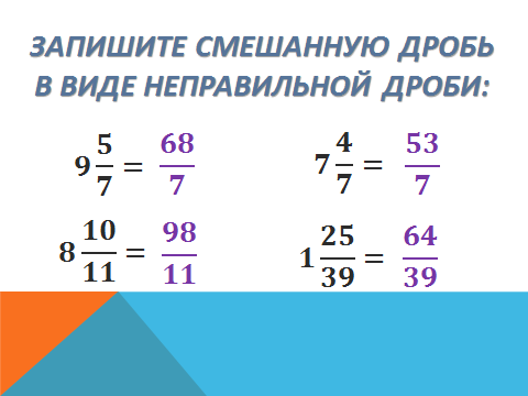 Смешанная дробь. Смешанные дроби 5. Смешанная дробь в виде неправильной дроби. Понятие смешанной дроби.