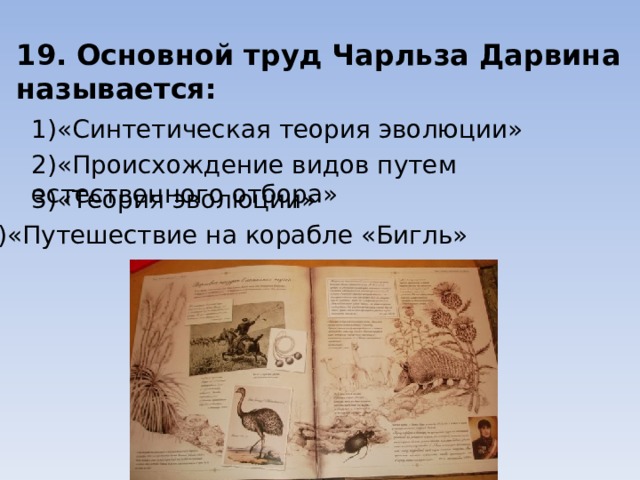 19. Основной труд Чарльза Дарвина называется: 1)«Синтетическая теория эволюции» 2)«Происхождение видов путем естественного отбора» 3)«Теория эволюции» 4)«Путешествие на корабле «Бигль» 