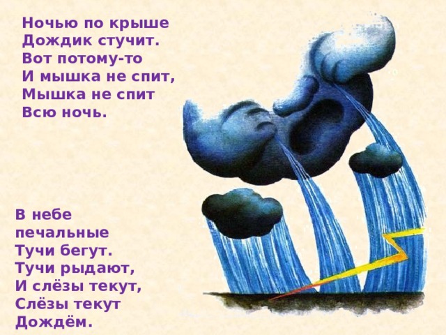 Ночью по крыше  Дождик стучит.  Вот потому-то  И мышка не спит,  Мышка не спит  Всю ночь. В небе печальные  Тучи бегут.  Тучи рыдают,  И слёзы текут,  Слёзы текут  Дождём.