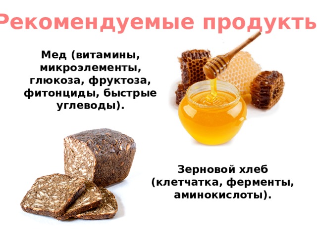 Рекомендуемые продукты Мед (витамины, микроэлементы, глюкоза, фруктоза, фитонциды, быстрые углеводы).  Зерновой хлеб (клетчатка, ферменты, аминокислоты). 