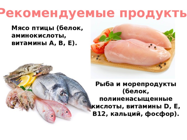 Рекомендуемые продукты Мясо птицы (белок, аминокислоты, витамины А, В, Е). Рыба и морепродукты (белок, полиненасыщенные кислоты, витамины D, E, B12, кальций, фосфор). 