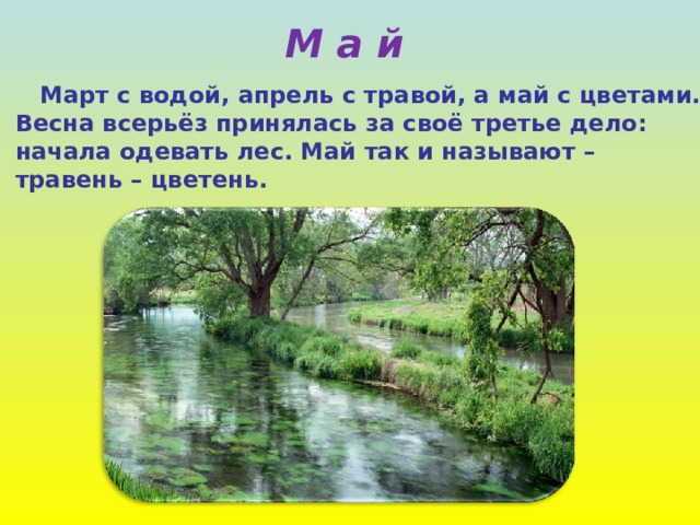 М а й  Март с водой, апрель с травой, а май с цветами.  Весна всерьёз принялась за своё третье дело:  начала одевать лес. Май так и называют –  травень – цветень. 