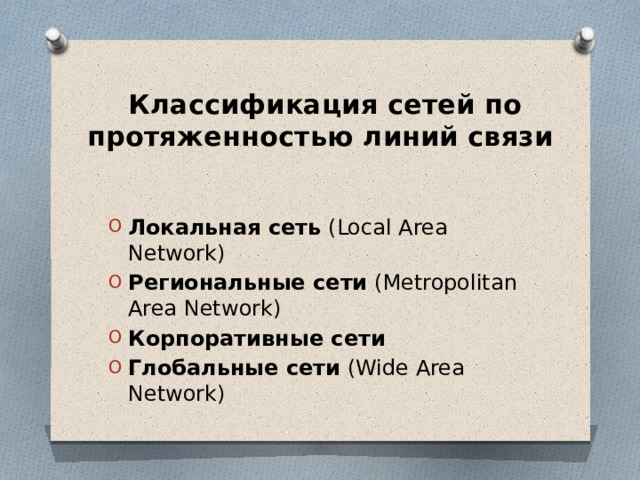  Классификация сетей по протяженностью линий связи   Локальная сеть (Local Area Network) Региональные сети (Metropolitan Area Network) Корпоративные сети Глобальные сети (Wide Area Network) 