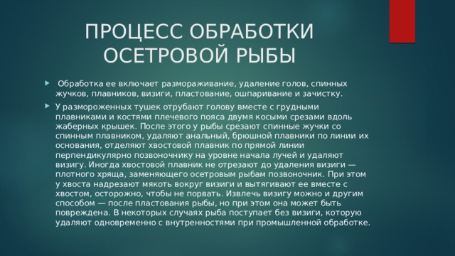 ПРОЦЕСС ОБРАБОТКИ ОСЕТРОВОЙ РЫБЫ   Обработка ее включает размораживание, удаление голов, спинных жучков, плавников, визиги, пластование, ошпаривание и зачистку. У размороженных тушек отрубают голову вместе с грудными плавниками и костями плечевого пояса двумя косыми срезами вдоль жаберных крышек. После этого у рыбы срезают спинные жучки со спинным плавником, удаляют анальный, брюшной плавники по линии их основания, отделяют хвостовой плавник по прямой линии перпендикулярно позвоночнику на уровне начала лучей и удаляют визигу. Иногда хвостовой плавник не отрезают до удаления визиги — плотного хряща, заменяющего осетровым рыбам позвоночник. При этом у хвоста надрезают мякоть вокруг визиги и вытягивают ее вместе с хвостом, осторожно, чтобы не порвать. Извлечь визигу можно и другим способом — после пластования рыбы, но при этом она может быть повреждена. В некоторых случаях рыба поступает без визиги, которую удаляют одновременно с внутренностями при промышленной обработке. 