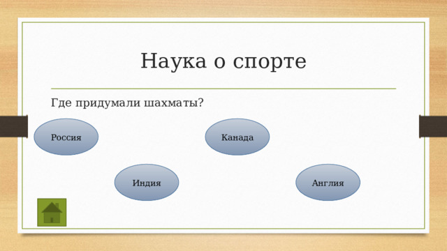 Наука о спорте Где придумали шахматы? Россия Канада Англия Индия 