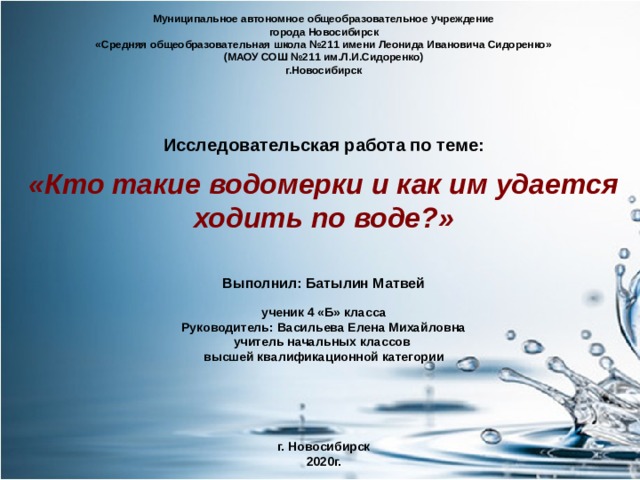 Муниципальное автономное общеобразовательное учреждение  города Новосибирск  «Средняя общеобразовательная школа №211 имени Леонида Ивановича Сидоренко»  (МАОУ СОШ №211 им.Л.И.Сидоренко)  г.Новосибирск     Исследовательская работа по теме:   «Кто такие водомерки и как им удается ходить по воде?»    Выполнил: Батылин Матвей   ученик 4 «Б» класса  Руководитель: Васильева Елена Михайловна  учитель начальных классов  высшей квалификационной категории                                     г. Новосибирск  2020г. 