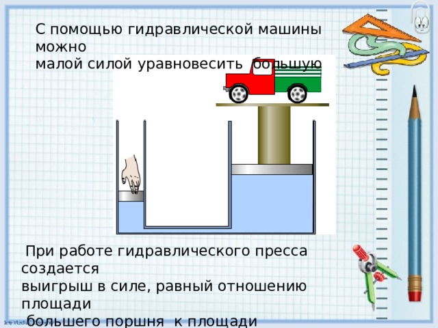 С помощью гидравлической машины можно малой силой уравновесить большую  При работе гидравлического пресса создается выигрыш в силе, равный отношению площади  большего поршня к площади меньшего. 7 