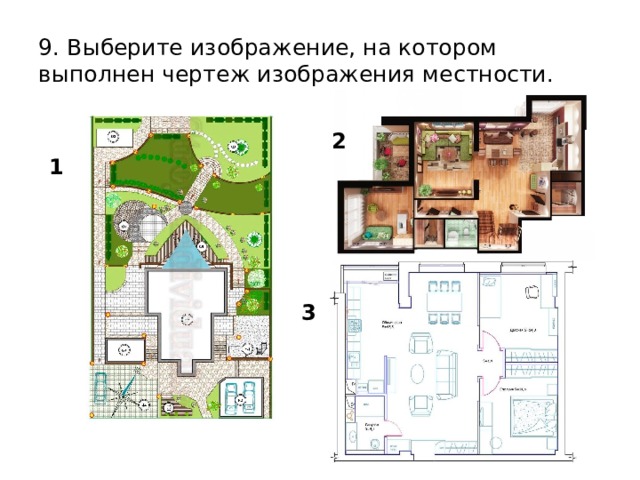 9. Выберите изображение, на котором выполнен чертеж изображения местности. 2 1 3 