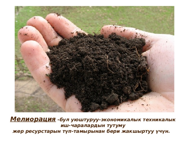 Мелиорация -бул уюштуруу-экономикалык техникалык иш-чаралардын тутуму жер ресурстарын түп-тамырынан бери жакшыртуу үчүн. 