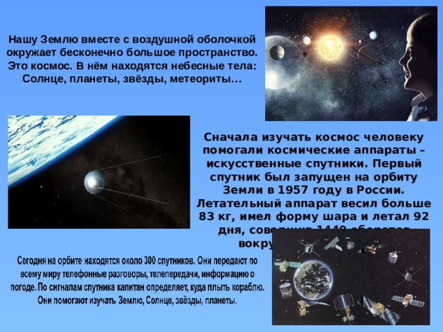 Нашу Землю вместе с воздушной оболочкой окружает бесконечно большое пространство. Это космос. В нём находятся небесные тела: Солнце, планеты, звёзды, метеориты… Сначала изучать космос человеку помогали космические аппараты – искусственные спутники. Первый спутник был запущен на орбиту Земли в 1957 году в России. Летательный аппарат весил больше 83 кг, имел форму шара и летал 92 дня, совершив 1440 оборотов вокруг нашей планеты. 