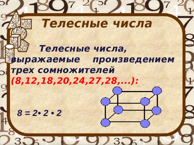 Телесные числа    Телесные числа, выражаемые произведением трех сомножителей (8,12,18,20,24,27,28,...):    8 = 2• 2 • 2  