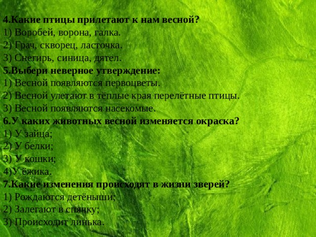 4.Какие птицы прилетают к нам весной? 1) Воробей, ворона, галка. 2) Грач, скворец, ласточка. 3) Снегирь, синица, дятел. 5.Выбери неверное утверждение: 1) Весной появляются первоцветы. 2) Весной улетают в тёплые края перелётные птицы. 3) Весной появляются насекомые. 6.У каких животных весной изменяется окраска? 1) У зайца; 2) У белки; 3) У кошки; 4)У ёжика. 7.Какие изменения происходят в жизни зверей? 1) Рождаются детёныши; 2) Залегают в спячку; 3) Происходит линька. 