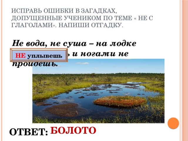 Исправь ошибки в загадках, допущенные учеником по теме « НЕ с глаголами». Напиши отгадку. Не вода, не суша – на лодке неуплывешь и ногами не пройдешь. НЕ уплывешь БОЛОТО ОТВЕТ: 