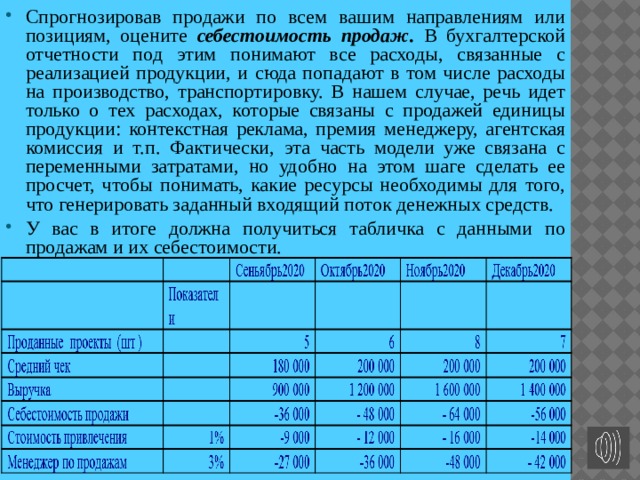 Спрогнозировав продажи по всем вашим направлениям или позициям, оцените себестоимость продаж . В бухгалтерской отчетности под этим понимают все расходы, связанные с реализацией продукции, и сюда попадают в том числе расходы на производство, транспортировку. В нашем случае, речь идет только о тех расходах, которые связаны с продажей единицы продукции: контекстная реклама, премия менеджеру, агентская комиссия и т.п. Фактически, эта часть модели уже связана с переменными затратами, но удобно на этом шаге сделать ее просчет, чтобы понимать, какие ресурсы необходимы для того, что генерировать заданный входящий поток денежных средств. У вас в итоге должна получиться табличка с данными по продажам и их себестоимости. 