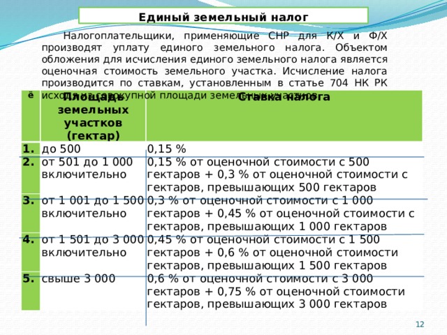 Единый земельный налог Налогоплательщики, применяющие СНР для К/Х и Ф/Х производят уплату единого земельного налога. Объектом обложения для исчисления единого земельного налога является оценочная стоимость земельного участка. Исчисление налога производится по ставкам, установленным в статье 704 НК РК исходя из совокупной площади земельных участков. ё Площадь земельных участков (гектар) 1. до 500 2. Ставка налога от 501 до 1 000 включительно 0,15 % 3. от 1 001 до 1 500 включительно 4. 0,15 % от оценочной стоимости с 500 гектаров + 0,3 % от оценочной стоимости с гектаров, превышающих 500 гектаров от 1 501 до 3 000 включительно 0,3 % от оценочной стоимости с 1 000 гектаров + 0,45 % от оценочной стоимости с гектаров, превышающих 1 000 гектаров 5. свыше 3 000 0,45 % от оценочной стоимости с 1 500 гектаров + 0,6 % от оценочной стоимости гектаров, превышающих 1 500 гектаров 0,6 % от оценочной стоимости с 3 000 гектаров + 0,75 % от оценочной стоимости гектаров, превышающих 3 000 гектаров   