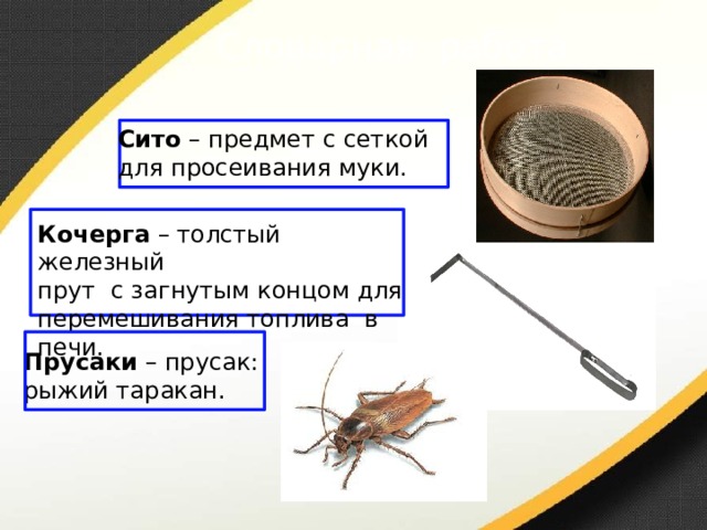 Словарная работа Сито – предмет с сеткой для просеивания муки. Кочерга – толстый железный прут с загнутым концом для перемешивания топлива в печи. Прусаки – прусак: рыжий таракан. 