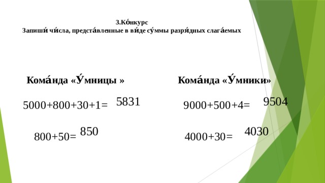 3.Ко́нкурс  Запиши́ чи́сла, предста́вленные в ви́де су́ммы разря́дных слага́емых    Кома́нда «У́мницы » Кома́нда «У́мники»  5000+800+30+1= 9000+500+4=  800+50= 4000+30= 5831 9504 850 4030 