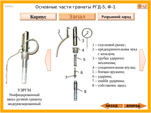 4/25/21 Основные части гранаты РГД-5, Ф-1 Корпус Разрывной заряд Запал 1 2 3 1 – спусковой рычаг; 2 – предохранительная чека с кольцом; 3 – трубка ударного механизма; 4 – соединительная втулка; 5 – боевая пружина; 6 – ударник; 7 – шайба ударника; 8 – собственно запал. 4 5 6 7 УЗРГМ Унифицированный запал ручной гранаты модернизированный 8 НАЗАД ВПЕРЕД 