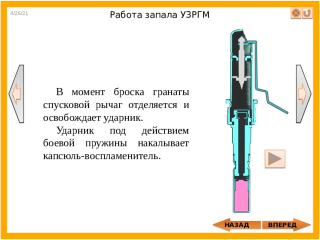 4/25/21 Работа запала УЗРГМ В момент броска гранаты спусковой рычаг отделяется и освобождает ударник. Ударник под действием боевой пружины накалывает капсюль- воспламенитель. ВПЕРЕД НАЗАД 