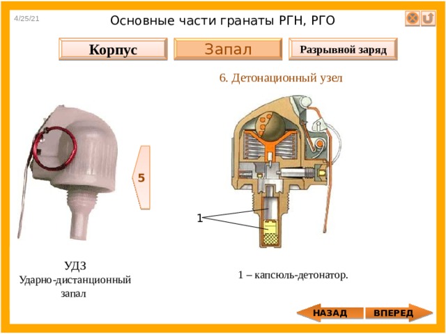 4/25/21 Основные части гранаты РГН, РГО Разрывной заряд Запал Корпус 6. Детонационный узел  5 1 УДЗ Ударно-дистанционный запал 1 – капсюль-детонатор. ВПЕРЕД НАЗАД 