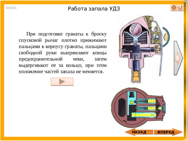 4/25/21 Работа запала УДЗ При подготовке гранаты к броску спусковой рычаг плотно прижимают пальцами к корпусу гранаты, пальцами свободной руки выпрямляют концы предохранительной чеки, затем выдергивают ее за кольцо, при этом положение частей запала не меняется. ВПЕРЕД НАЗАД 