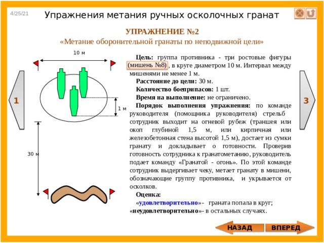 1 4/25/21 Упражнения метания ручных осколочных гранат УПРАЖНЕНИЕ №2 «Метание оборонительной гранаты по неподвижной цели» 10 м Цель: группа противника - три ростовые фигуры (мишень №8) , в круге диаметром 10 м. Интервал между мишенями не менее 1 м. Расстояние до цели: 30 м. Количество боеприпасов: 1 шт. Время на выполнение: не ограничено. Порядок выполнения упражнения: по команде руководителя (помощника руководителя) стрельб сотрудник выходит на огневой рубеж (траншея или окоп глубиной 1,5 м, или кирпичная или железобетонная стена высотой 1,5 м), достает из сумки гранату и докладывает о готовности. Проверив готовность сотрудника к гранатометанию, руководитель подает команду «Гранатой - огонь». По этой команде сотрудник выдергивает чеку, метает гранату в мишени, обозначающие группу противника, и укрывается от осколков. Оценка: « удовлетворительно »- граната попала в круг; « неудовлетворительно »- в остальных случаях. (мишень №8) 3 1 м 30 м ВПЕРЕД НАЗАД 