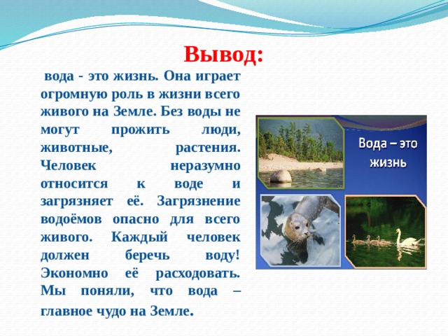  Вывод:  вода - это жизнь. Она играет огромную роль в жизни всего живого на Земле. Без воды не могут прожить люди, животные, растения. Человек неразумно относится к воде и загрязняет её. Загрязнение водоёмов опасно для всего живого. Каждый человек должен беречь воду! Экономно её расходовать. Мы поняли, что вода – главное чудо на Земле . 