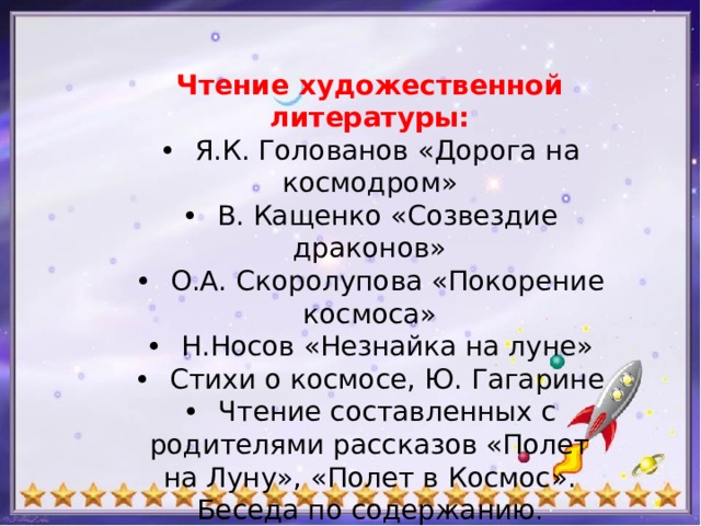 Чтение художественной литературы: •  Я.К. Голованов «Дорога на космодром» •  В. Кащенко «Созвездие драконов» •  О.А. Скоролупова «Покорение космоса» •  Н.Носов «Незнайка на луне» •  Стихи о космосе, Ю. Гагарине •  Чтение составленных с родителями рассказов «Полет на Луну», «Полет в Космос». Беседа по содержанию . 