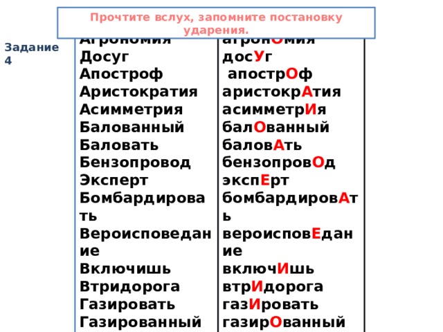 Прочтите вслух, запомните постановку ударения. Агрономия агрон О мия Досуг дос У г Апостроф  апостр О ф аристокр А тия Аристократия Асимметрия асимметр И я бал О ванный Балованный Баловать балов А ть бензопров О д Бензопровод Эксперт эксп Е рт Бомбардировать бомбардиров А ть Вероисповедание вероиспов Е дание Включишь включ И шь втр И дорога Втридорога газ И ровать Газировать Газированный газир О ванный гастрон О мия Гастрономия Задание 4 