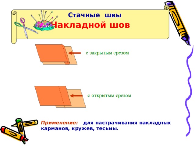 Накладной шов Стачные швы Применение:  для настрачивания накладных карманов, кружев, тесьмы. 