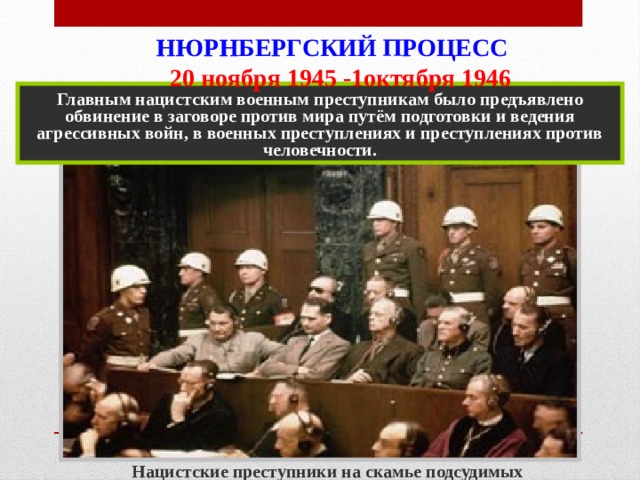  НЮРНБЕРГСКИЙ ПРОЦЕСС  20 ноября 1945 -1октября 1946 Главным нацистским военным преступникам было предъявлено обвинение в заговоре против мира путём подготовки и ведения агрессивных войн, в военных преступлениях и преступлениях против человечности. Нацистские преступники на скамье подсудимых 