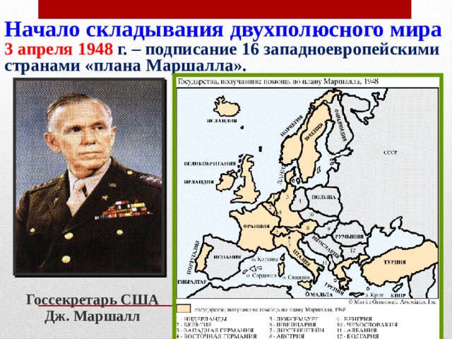 Начало складывания двухполюсного мира 3 апреля 1948 г. – подписание 16 западноевропейскими странами «плана Маршалла». Госсекретарь США Дж. Маршалл 