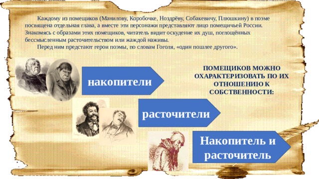  Каждому из помещиков (Манилову, Коробочке, Ноздрёву, Собакевичу, Плюшкину) в поэме посвящена отдельная глава, а вместе эти персонажи представляют лицо помещичьей России. Знакомясь с образами этих помещиков, читатель видит оскудение их душ, поглощённых бессмысленным расточительством или жаждой наживы.  Перед ним предстают герои поэмы, по словам Гоголя, «один пошлее другого». ПОМЕЩИКОВ МОЖНО ОХАРАКТЕРИЗОВАТЬ ПО ИХ ОТНОШЕНИЮ К СОБСТВЕННОСТИ: накопители расточители Накопитель и расточитель 