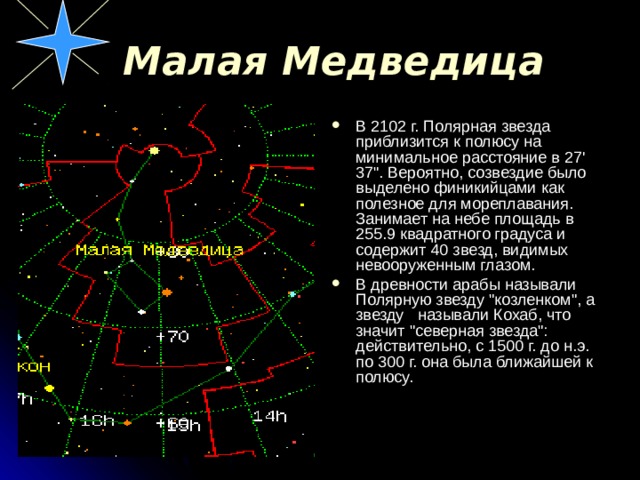  Малая Медведица В 2102 г. Полярная звезда приблизится к полюсу на минимальное расстояние в 27' 37
