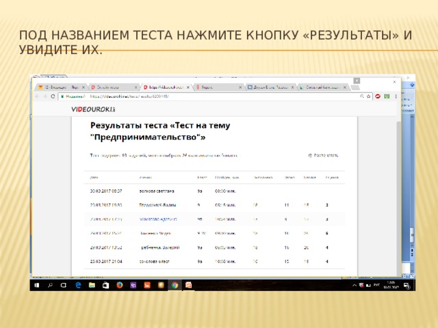 Под названием теста нажмите кнопку «Результаты» и увидите их. 