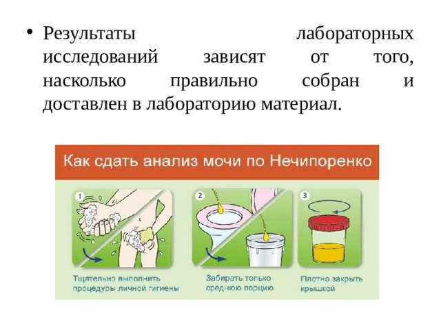 Результаты лабораторных  исследований зависят от того,  насколько правильно собран и  доставлен в лабораторию материал. 