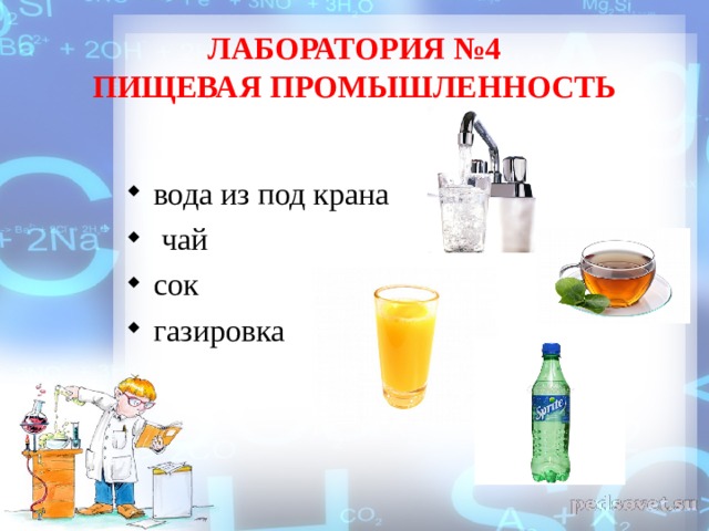ЛАБОРАТОРИЯ №4  ПИЩЕВАЯ ПРОМЫШЛЕННОСТЬ вода из под крана  чай сок газировка 
