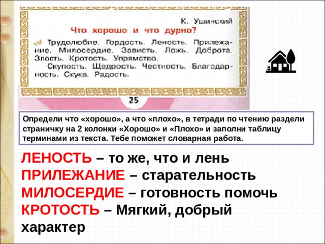 Определи что «хорошо», а что «плохо», в тетради по чтению раздели страничку на 2 колонки «Хорошо» и «Плохо» и заполни таблицу терминами из текста. Тебе поможет словарная работа. ЛЕНОСТЬ – то же, что и лень ПРИЛЕЖАНИЕ – старательность МИЛОСЕРДИЕ – готовность помочь КРОТОСТЬ – Мягкий, добрый характер 