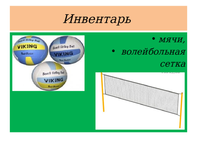 Инвентарь  мячи,  волейбольная сетка 