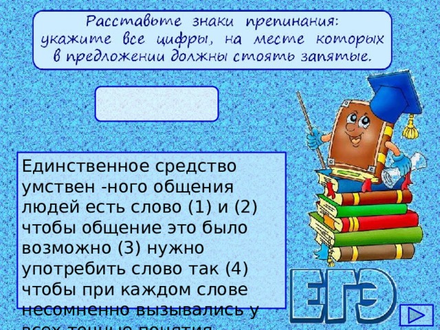 Единственное средство умствен -ного общения людей есть слово (1) и (2) чтобы общение это было возможно (3) нужно употребить слово так (4) чтобы при каждом слове несомненно вызывались у всех точные понятия.