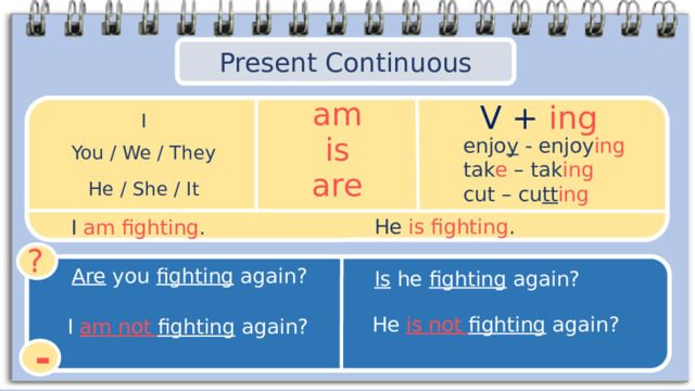 Present Continuous am V + ing I enjo y - enjoy ing tak e – tak ing cut – cu tt ing is You / We / They are He / She / It He is fighting . I am fighting . ? Are you fighting again? Is he fighting again? He is not fighting again? I am not fighting again? - 
